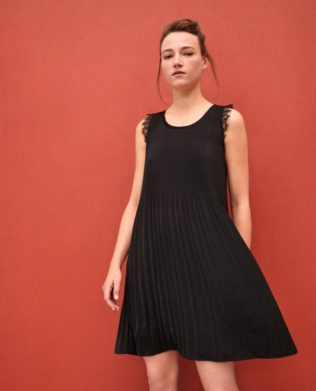 Vestido plisado con encaje Negro