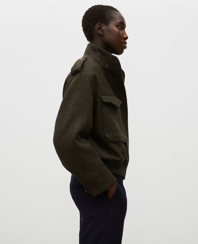 Cazadora aviador de tweed de lana con espigas Military green
