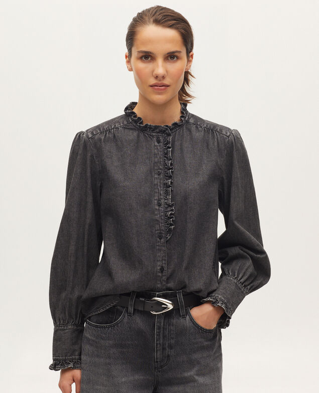 Camisa de algodón con cuello de volantes K081 dark gray