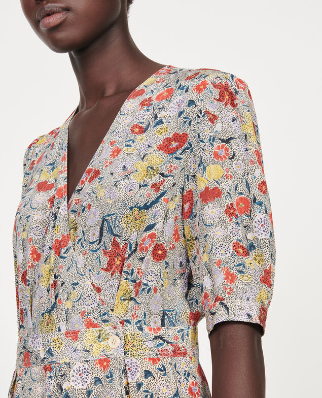  Vestido corto con escote cruzado de seda floral Print eden cream