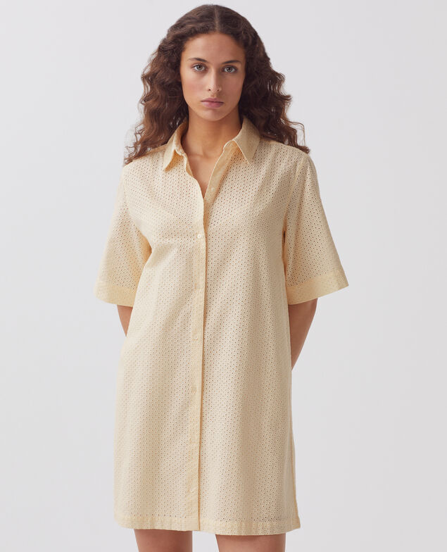 Vestido camisero corto bordado de algodón H013 gardenia