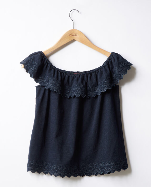 Top con volante elástico y bordado Navy