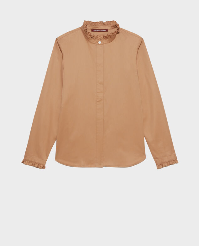 Camisa de algodón cuello subido con volante Latte