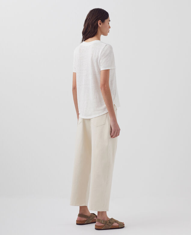 SARAH - Camiseta de lino con cuello de pico H001 brillant white