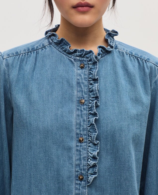 Camisa de algodón con cuello de volantes J621 light blue