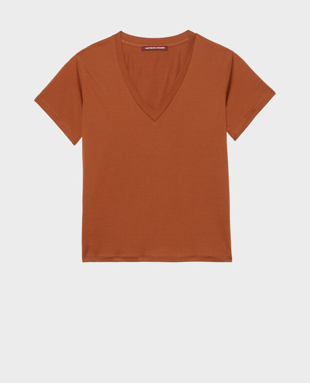 Camiseta de algodón con cuello de pico Tortoise shell