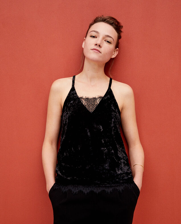 Camiseta sin mangas de terciopelo con encaje Negro