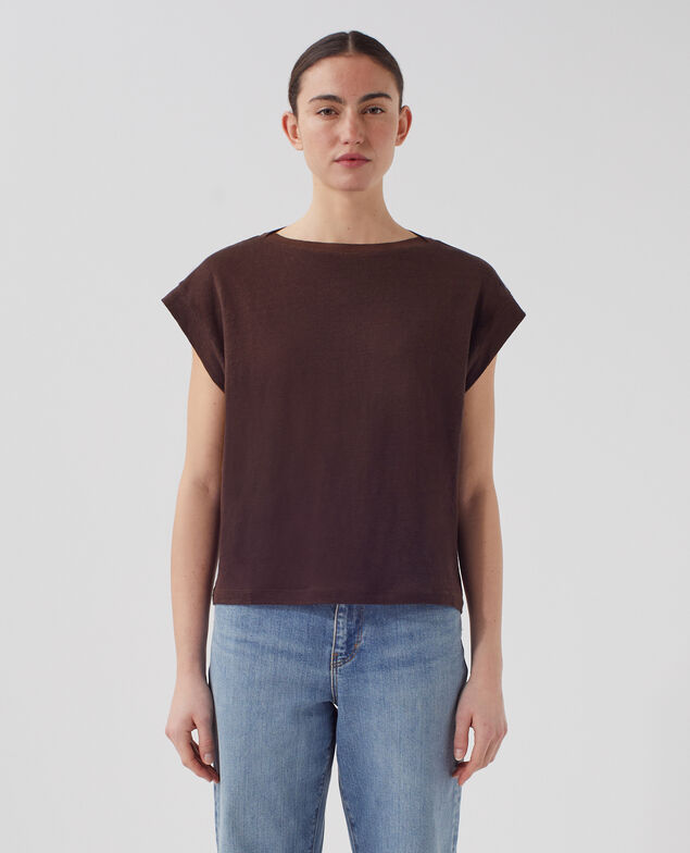 KARO - Camiseta corte caja de lino J790 chocolate plum