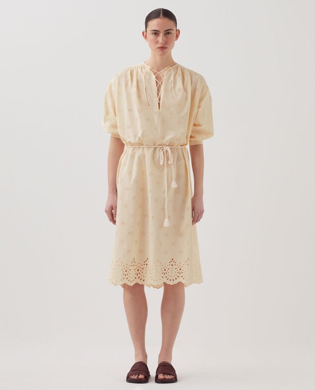 Vestido midi de algodón con bordado inglés I307 ecru