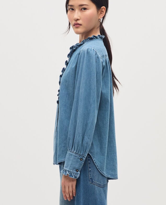 Camisa de algodón con cuello de volantes J621 light blue