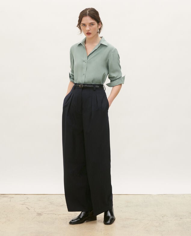 YVONNE - Pantalón ancho de lana con talle alto Night sky