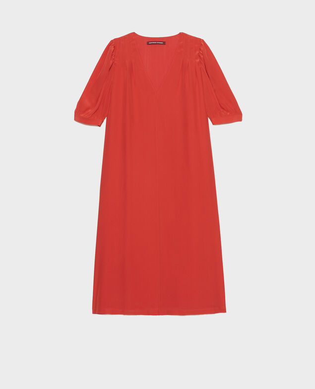 Vestido largo de seda amplio y fluido con cuello de pico Valiant poppy