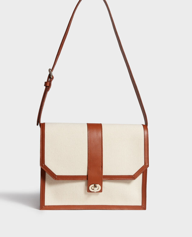 Bolso con solapa de tela y cuero Gardenia camel