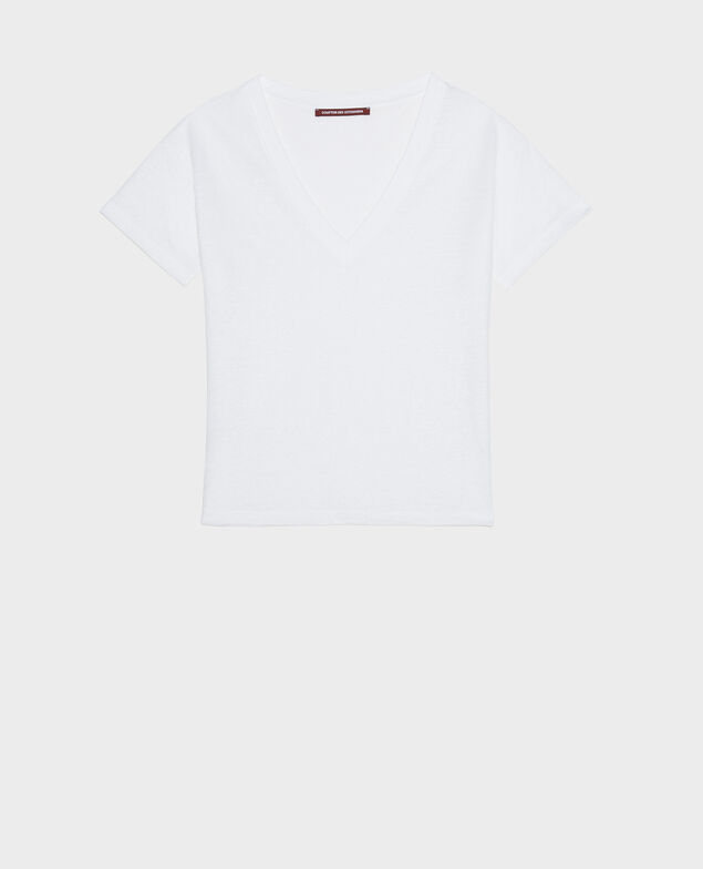 SARAH - Camiseta de lino con cuello de pico Optical white