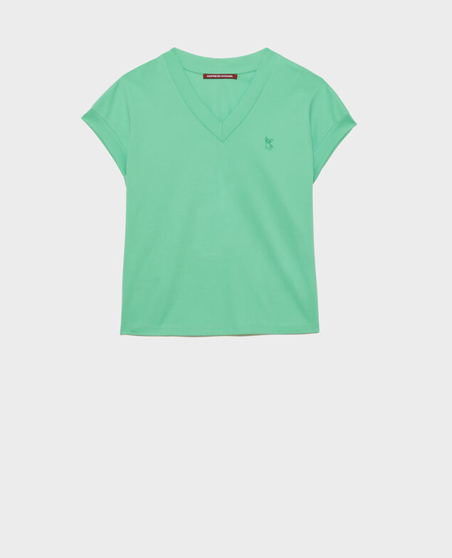 Camiseta de algodón bío con cuello de pico Jade cream
