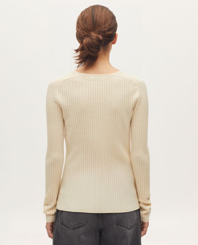 Jersey con cuello de pico de lana merino K300 ecru beige