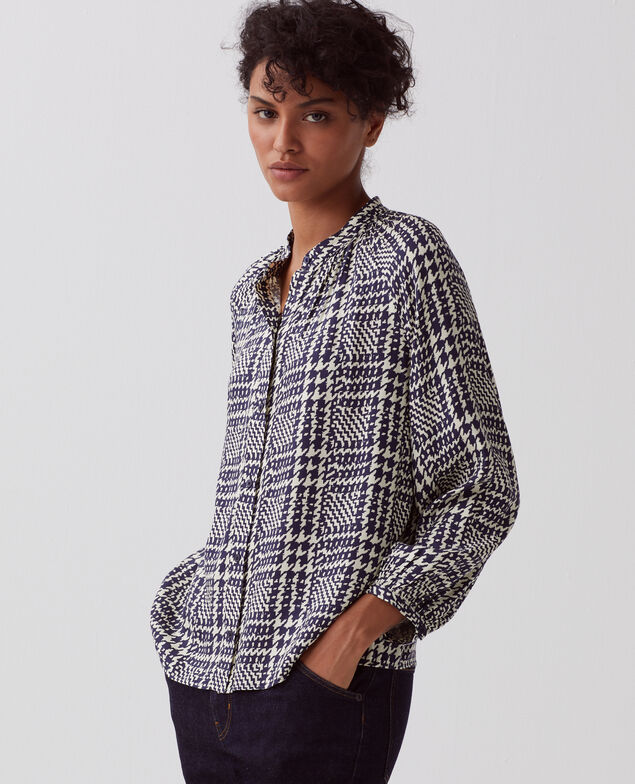 Blusa fluida de manga larga I681 houndstooth ble
