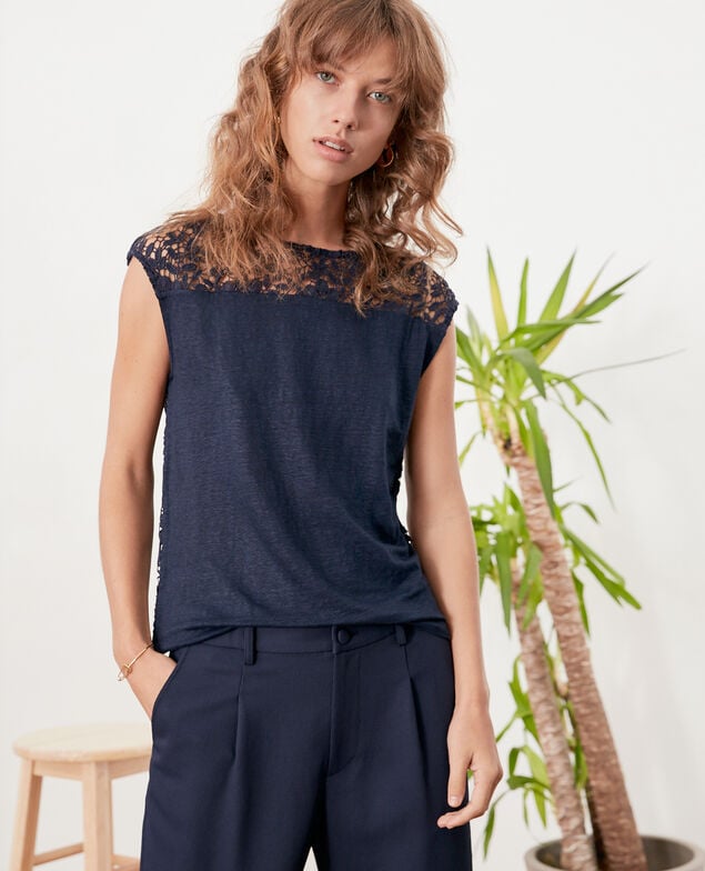 Camiseta de lino con espalda de encaje Navy