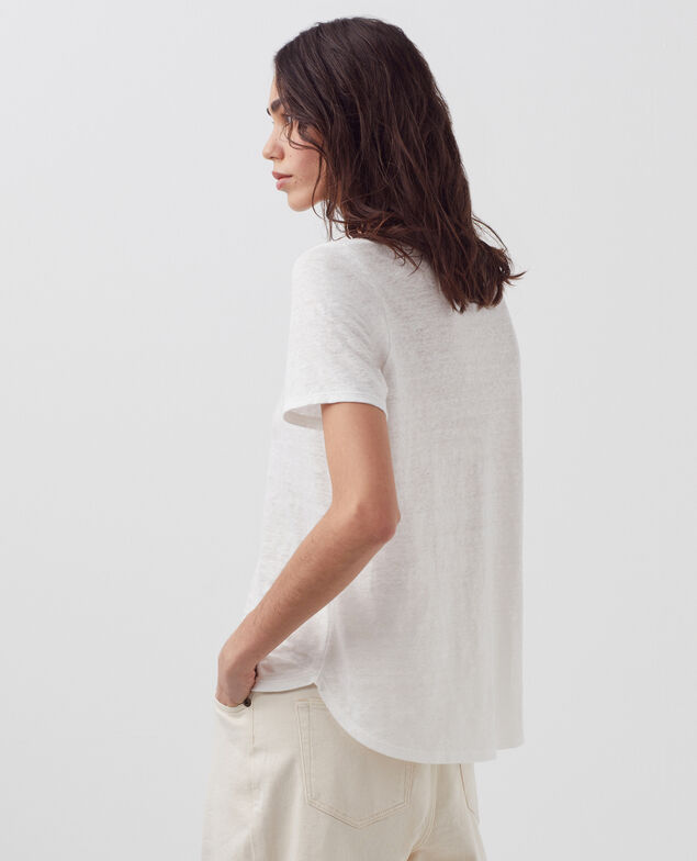SARAH - Camiseta de lino con cuello de pico H001 brillant white