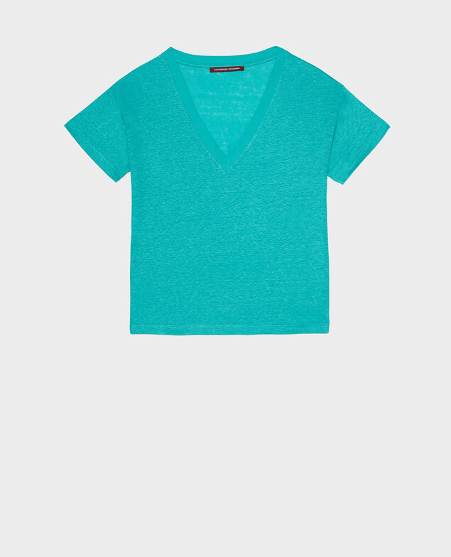 SARAH - Camiseta de lino con cuello de pico Bright aqua