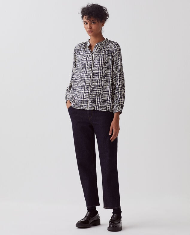 Blusa fluida de manga larga I681 houndstooth ble
