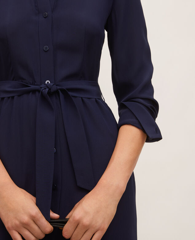 Vestido camisero de seda con cinturón y cuello redondo Maritime blue
