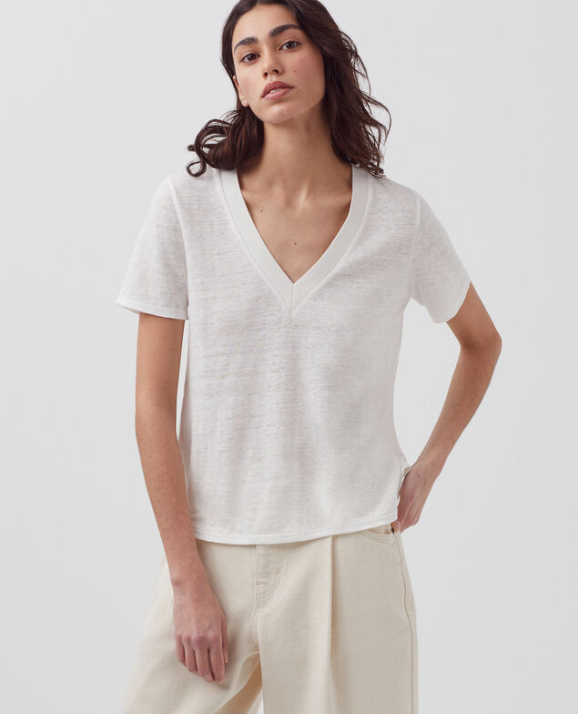 SARAH - Camiseta de lino con cuello de pico H001 brillant white