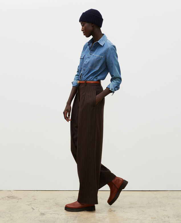 YVONNE - Pantalón ancho talle alto de lana Stripe coffee bean