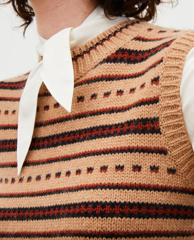 Jersey jacquard sin mangas de lana alpaca Jacquard taupe black brandybrown