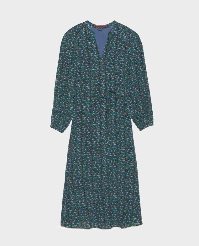 Vestido largo de seda con cinturón y cuello de pico Print artdeco darkgreen