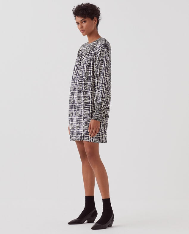 Vestido corto fluido con manga larga I681 houndstooth ble