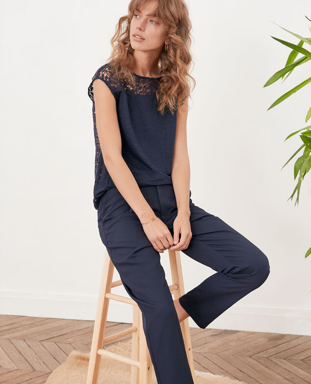 Camiseta de lino con espalda de encaje Navy