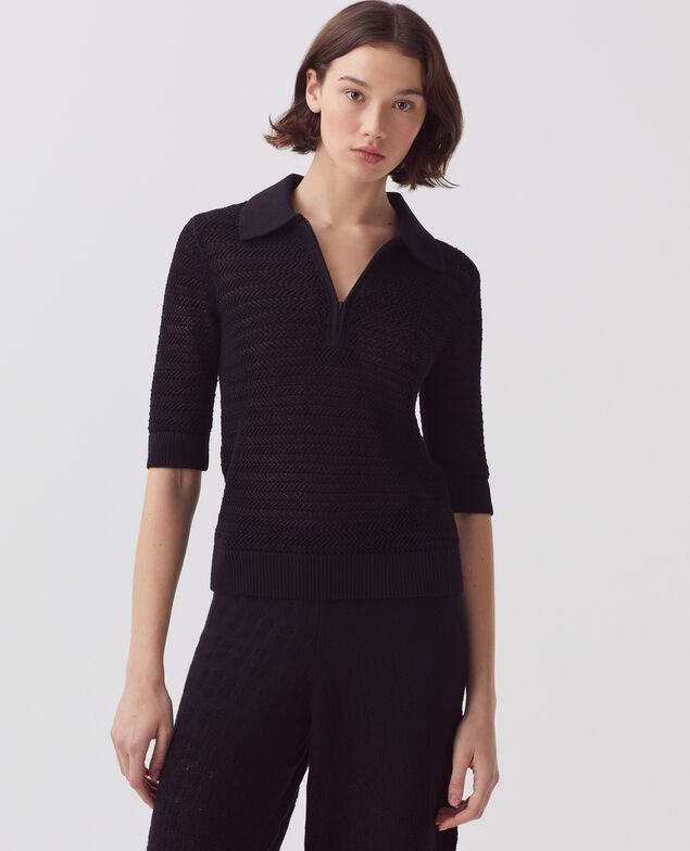 Jersey cuello polo con cremallera de algodón H091 black beauty