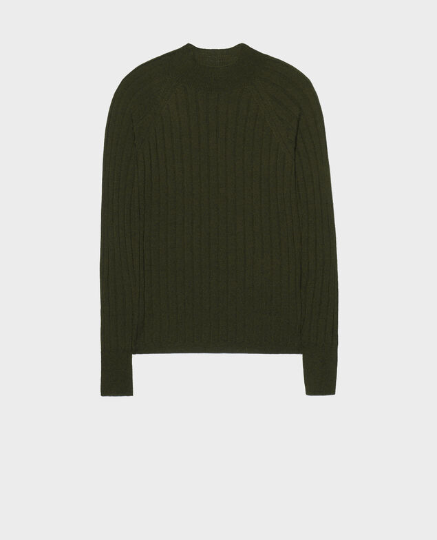  Jersey de canalé con cuello subido de lana merino Military green