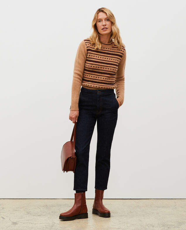 Jersey jacquard sin mangas de lana alpaca con cuello redondo Jacquard taupe black brandybrown