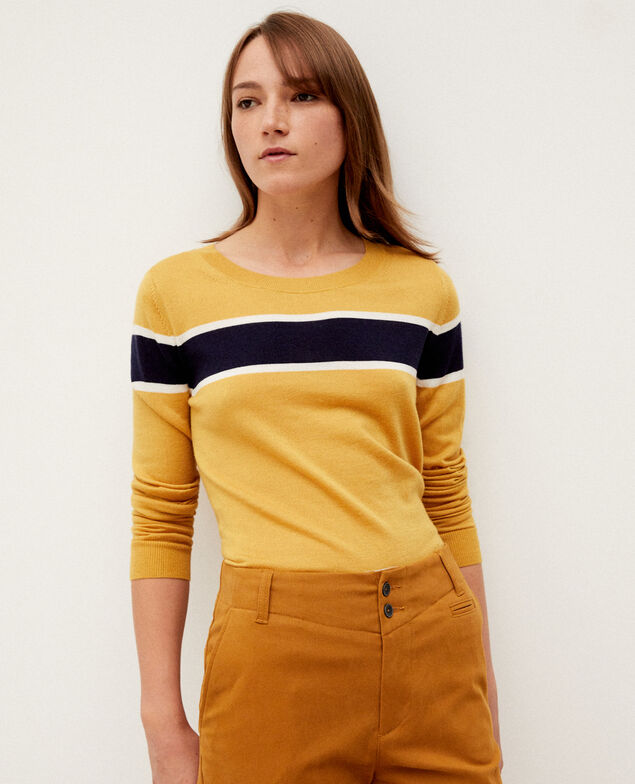 Cárdigan de lana merino Golden spice/peacoat/off white