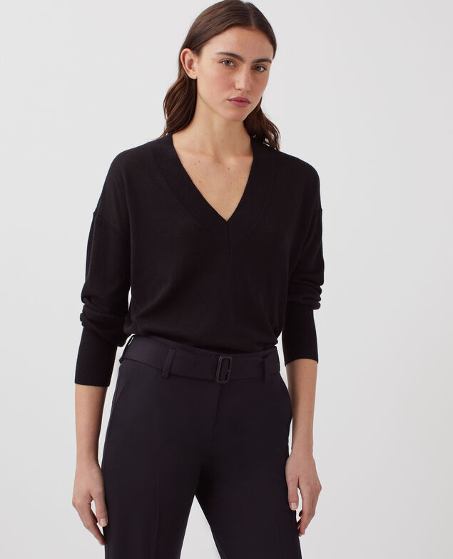 Jersey con cuello de pico de lana y seda H091 black beauty