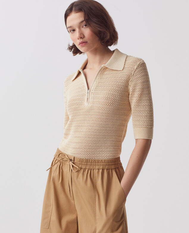 Jersey cuello polo con cremallera de algodón J300 natural