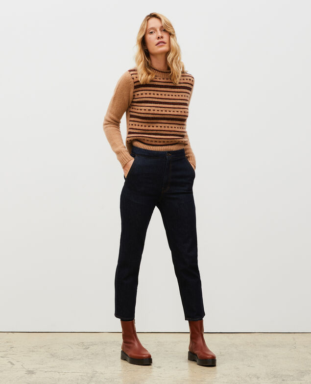 Jersey jacquard sin mangas de lana alpaca con cuello redondo Jacquard taupe black brandybrown