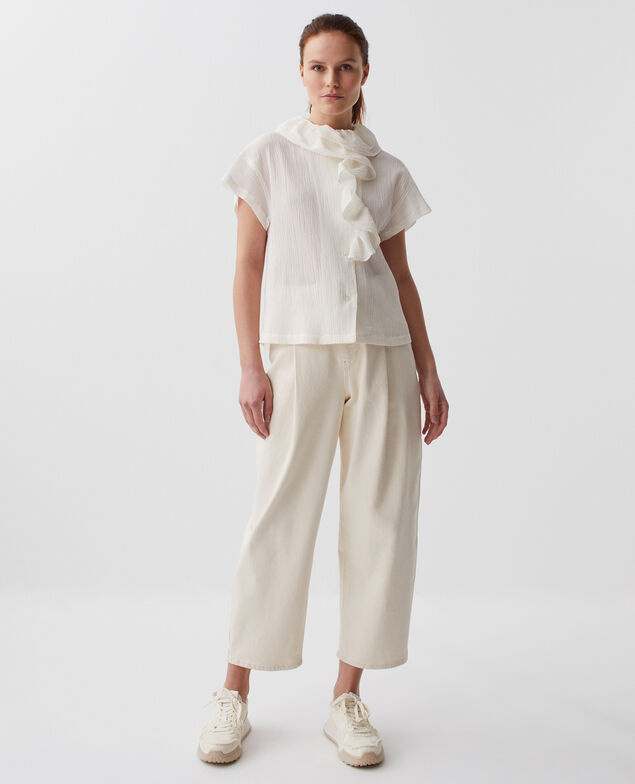 Blusa con volantes de algodón plisado H303 white swan