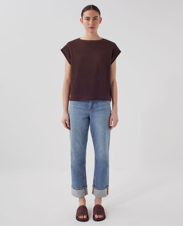 KARO - Camiseta corte caja de lino J790 chocolate plum