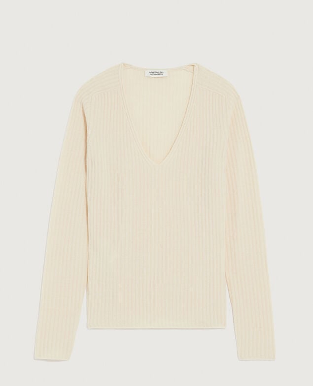 Jersey con cuello de pico de lana merino K300 ecru beige