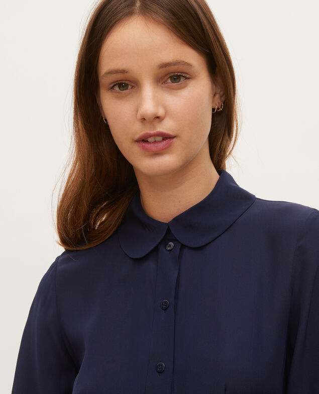 Vestido camisero de seda con cinturón y cuello redondo Maritime blue