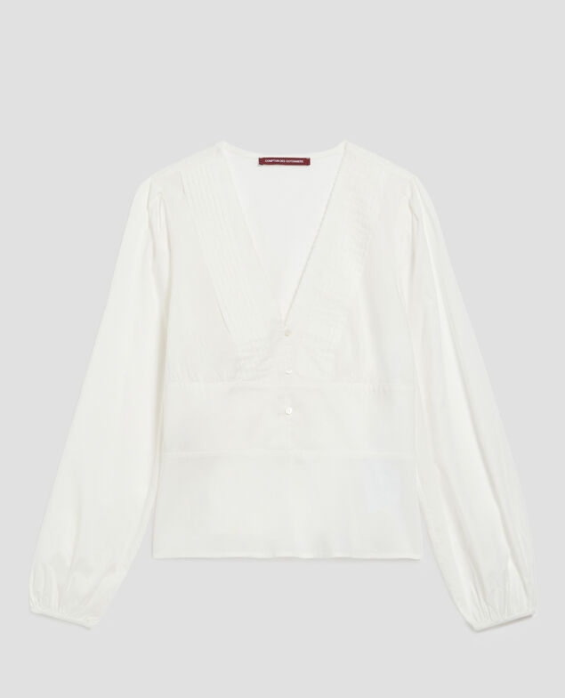 Blusa de algodón y cuello en pico H013 gardenia