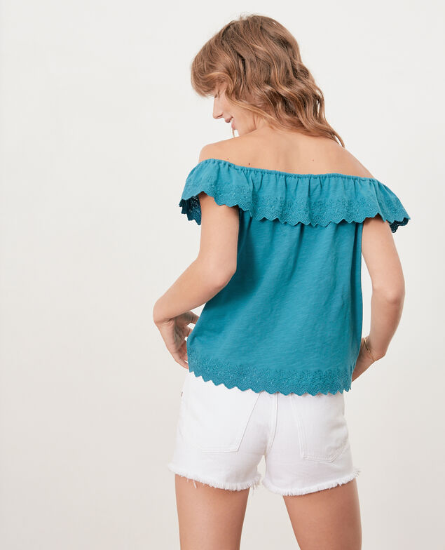 Top con volante elástico y bordado Pacific green
