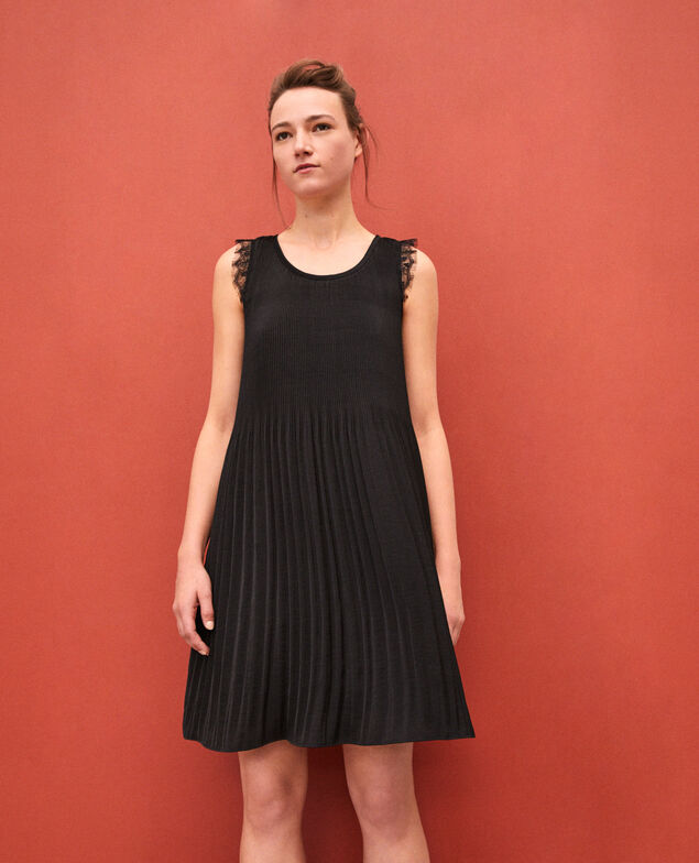  Vestido plisado con encaje Negro