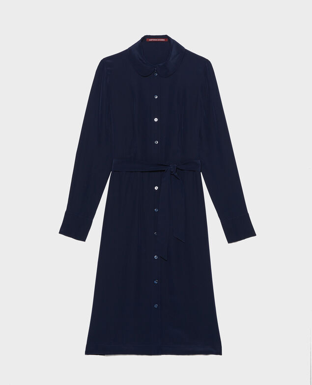 Vestido camisero de seda con cinturón y cuello redondo Maritime blue