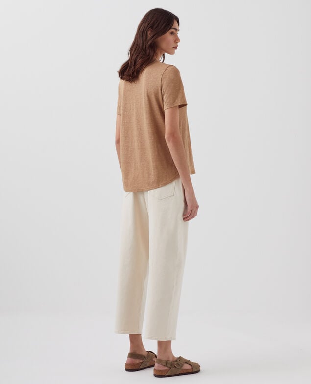SARAH - Camiseta de lino con cuello de pico H330 tiger's eye