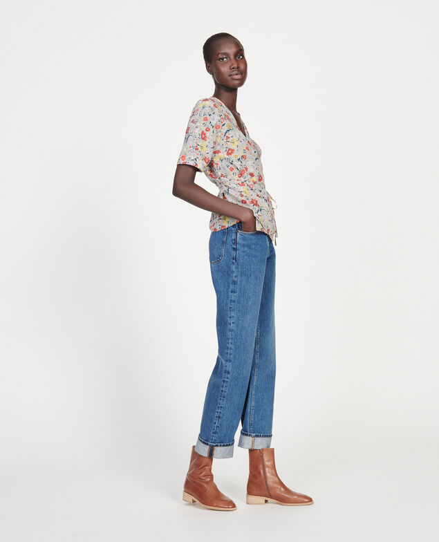  Blusa de seda motivo floral con escote cruzado Print eden cream