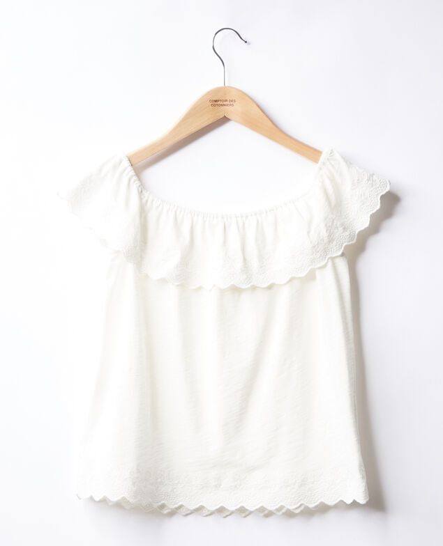 Top con volante elástico y bordado Off white